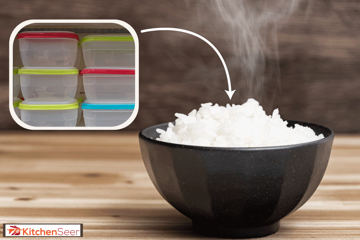 Hot Japaneses white rice in a black bowl on a wooden light desk, How To Keep Rice From Drying And Getting Hard In The Fridge