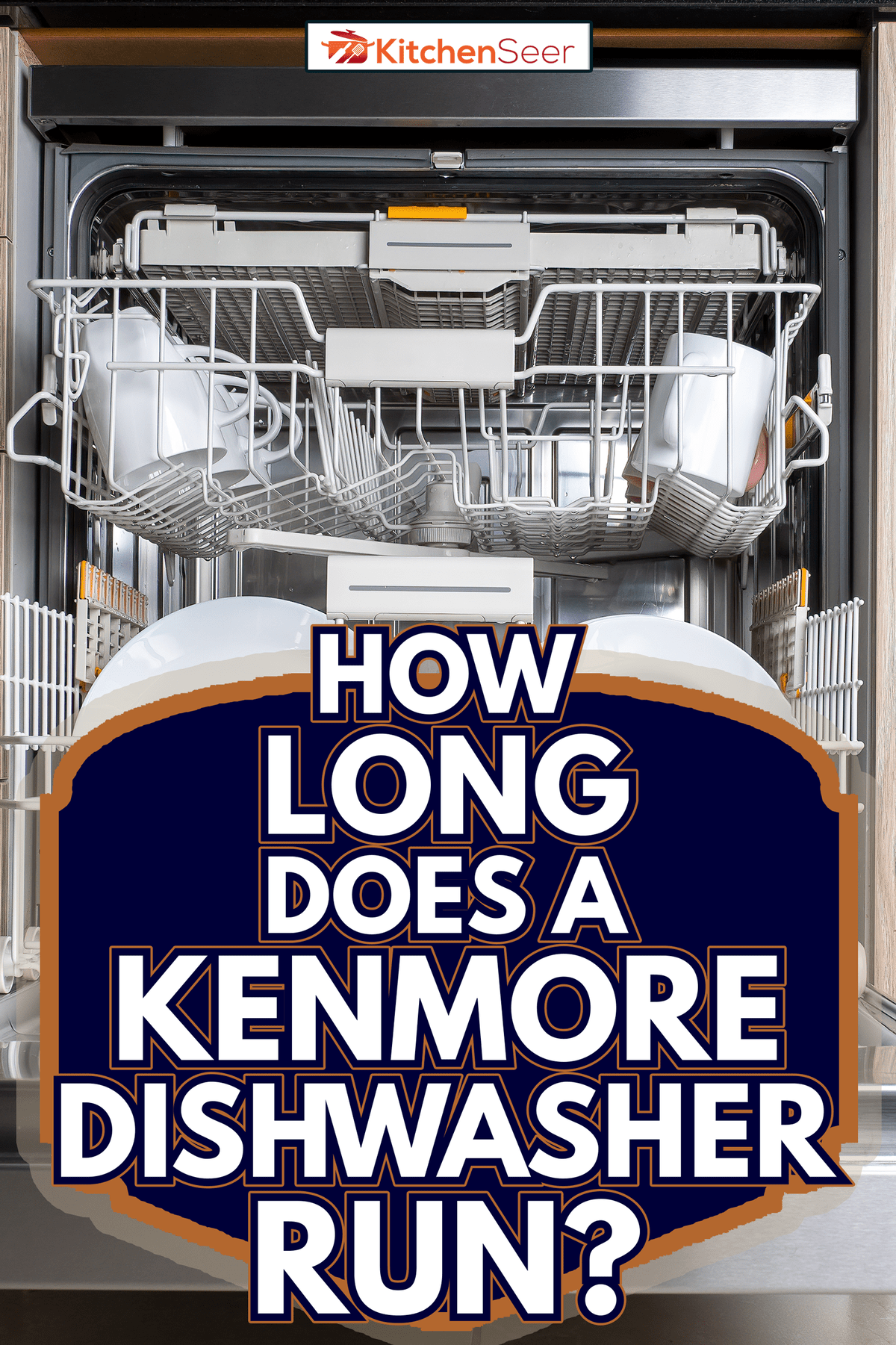 Open door of built-in dishwasher. Kitchen with integrated appliances. Plates and dishes in the dishwasher - How Long Does a Kenmore Dishwasher Run