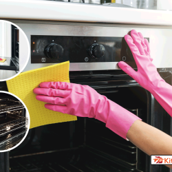 woman in rubber gloves with scouring pad cleaning oven. open oven with trays pulled out. How To Clean An Oven With a Blue Interior (Lg Or Kitchenaid)