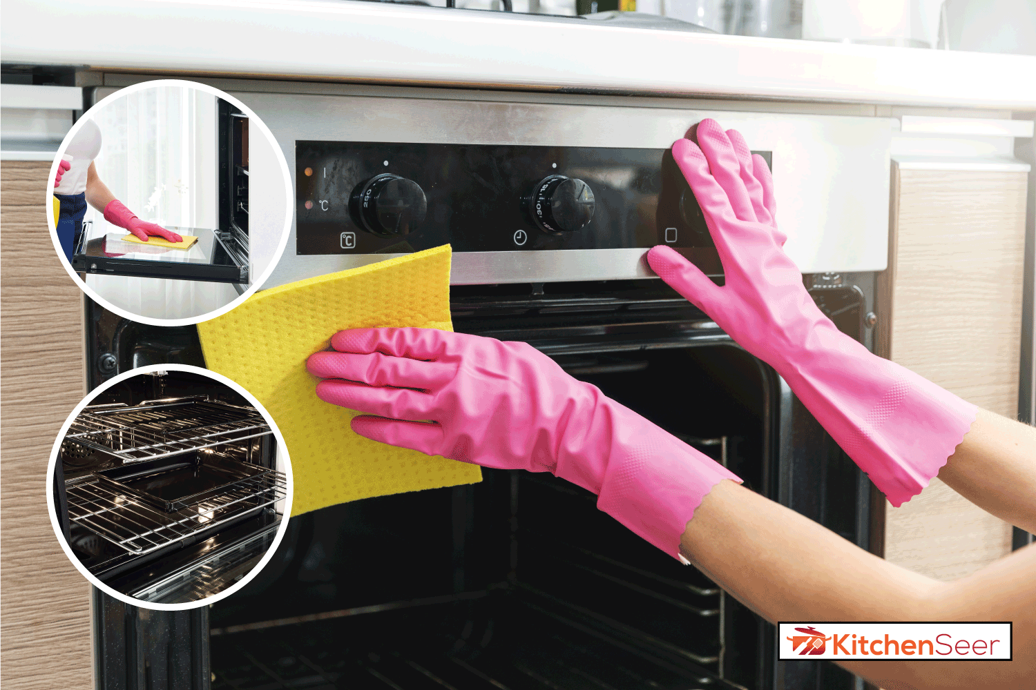 woman in rubber gloves with scouring pad cleaning oven. open oven with trays pulled out. How To Clean An Oven With a Blue Interior (Lg Or Kitchenaid)