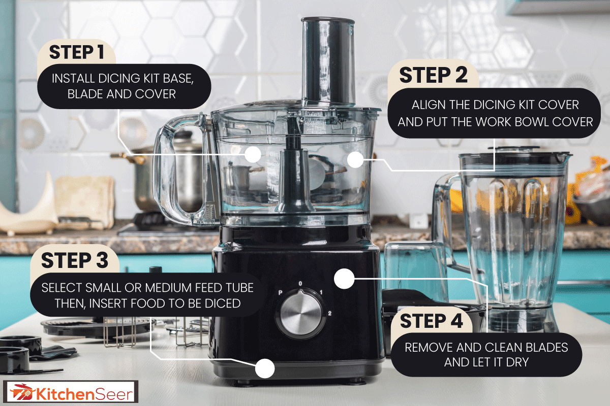 Black food processor and other accessories on it on a white countertop, How To Dice With A Kitchenaid Food Processor [In 4 Easy Steps!]