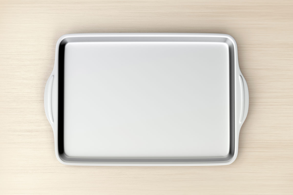 A silver colored baking pan