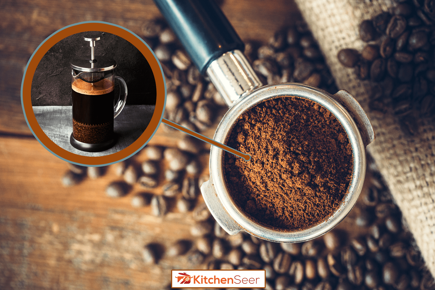 Freshly ground espresso in a portafilter, ready to be made into a hot shot of espresso. Rustic wood background, a burlap coffee bag in the background covered with roasted coffee beans. Overhead view. - How To Dispose Of Coffee Grounds From French Press