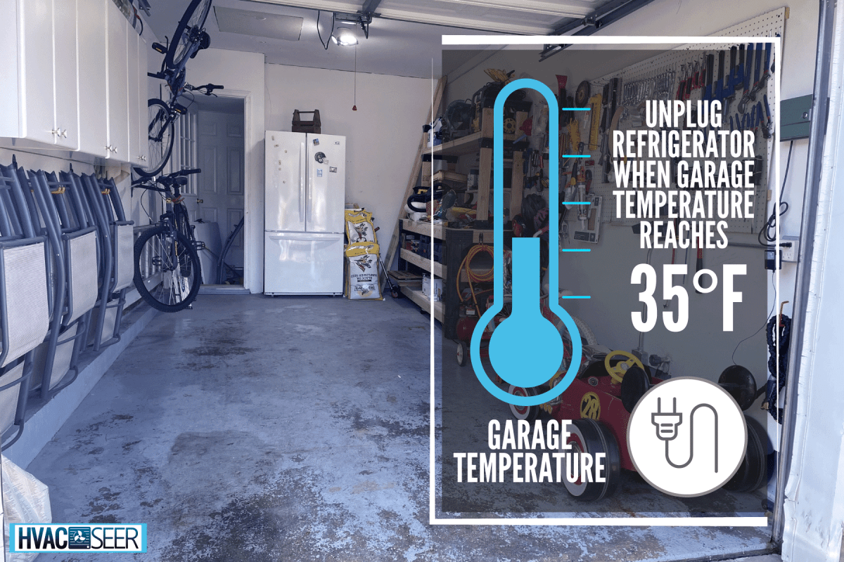 Interior of a narrow garage with lots of stored tools, bike parts, and a refrigerator on the back, Should I Unplug My Garage Fridge In The Winter?