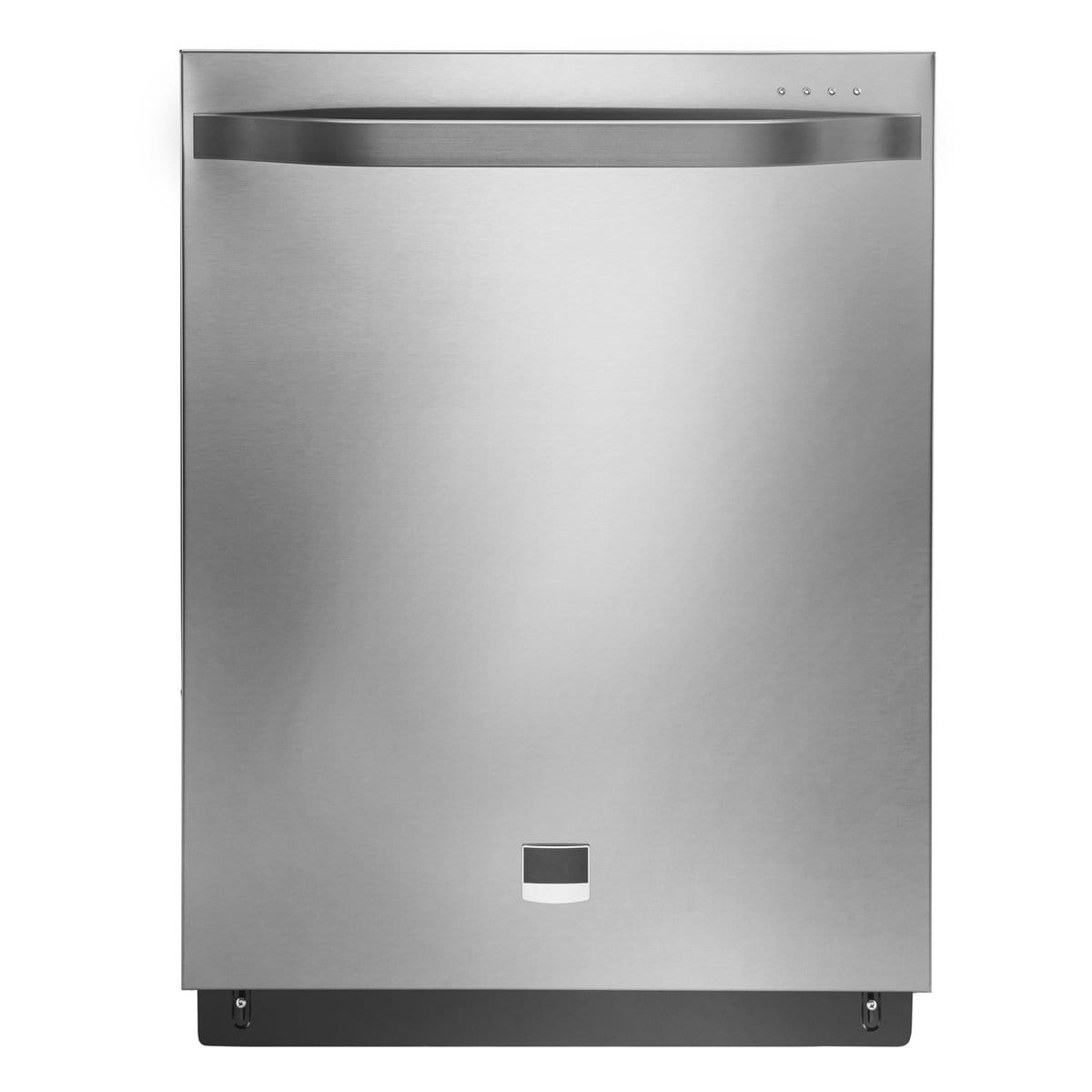 24 Inch Fully Integrated Dishwasher Machine Isolated on White Background. Front View of Modern Stainless Steel Built-In Dishwasher Range. Domestic and Kitchen Major Appliances