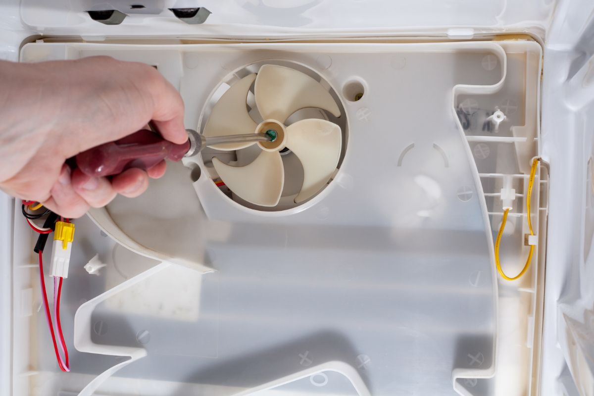 A technician uses a screwdriver in refrigerator fridge. Inside refrigerator repair. Disassembled refrigerator. Removed back cover fridge. fan repair.