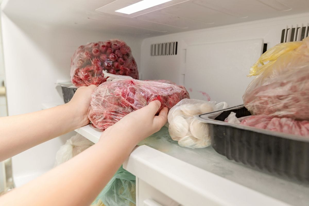 A woman puts frozen fruit products in the freezer, for long-term preservation.