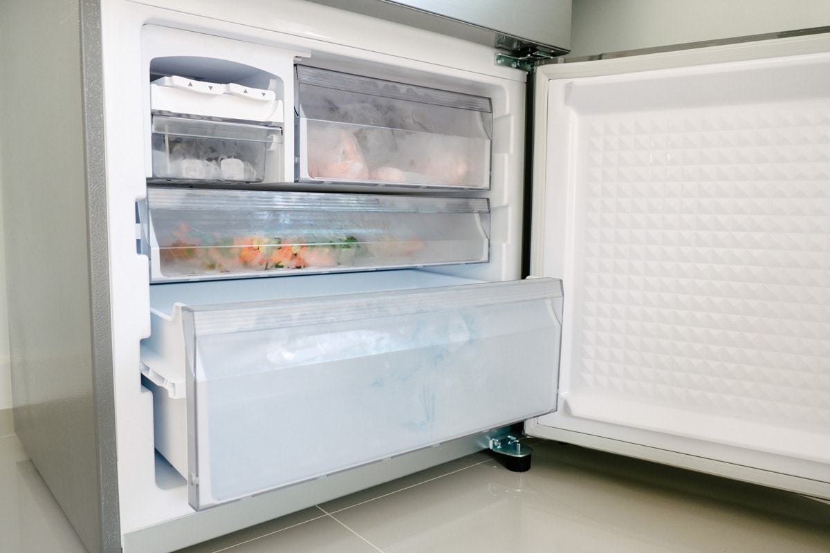 An opened bottom freezer, An opened bottom freezer