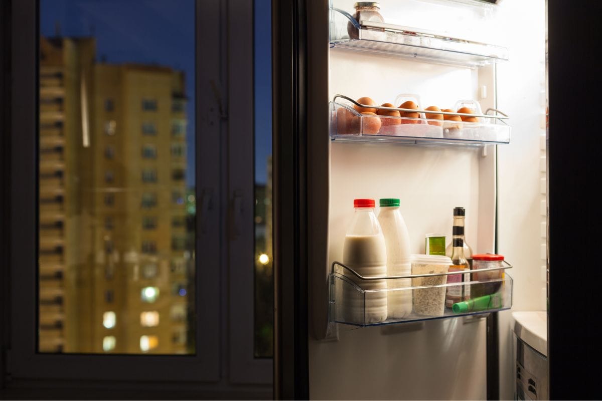 Door of home fridge with dairy products in night