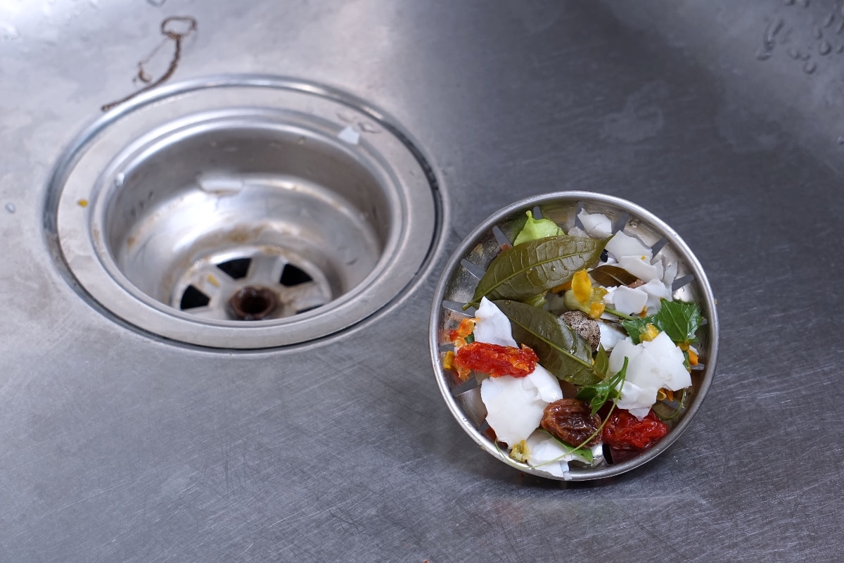 Food waste from the washing up in the sink and trash traps grid of drainage holes.