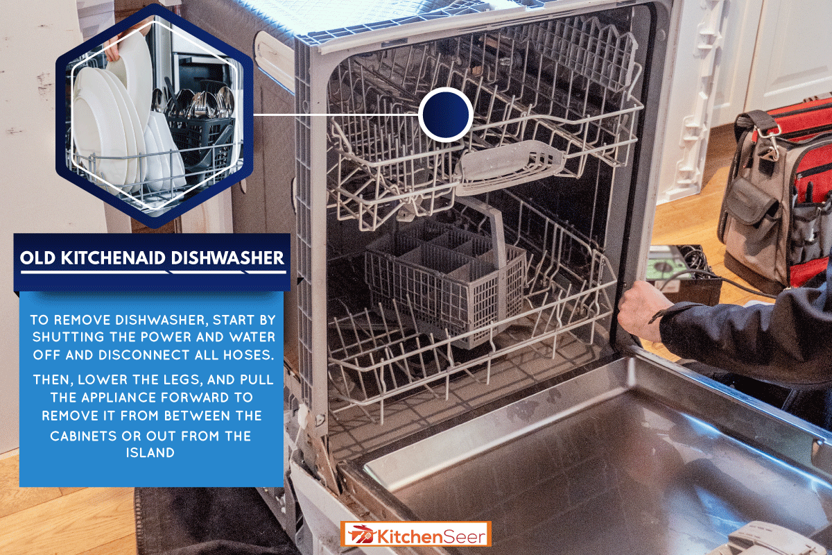 An engineer opens up a broken dishwasher to mend it and maybe remove it, How To Remove An Old KitchenAid Dishwasher