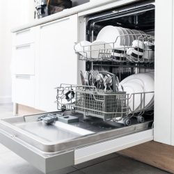 Open dishwasher with clean dishes in the white kitchen, Kitchenaid Dishwasher Not Getting Or Filling With Water—What To Do?