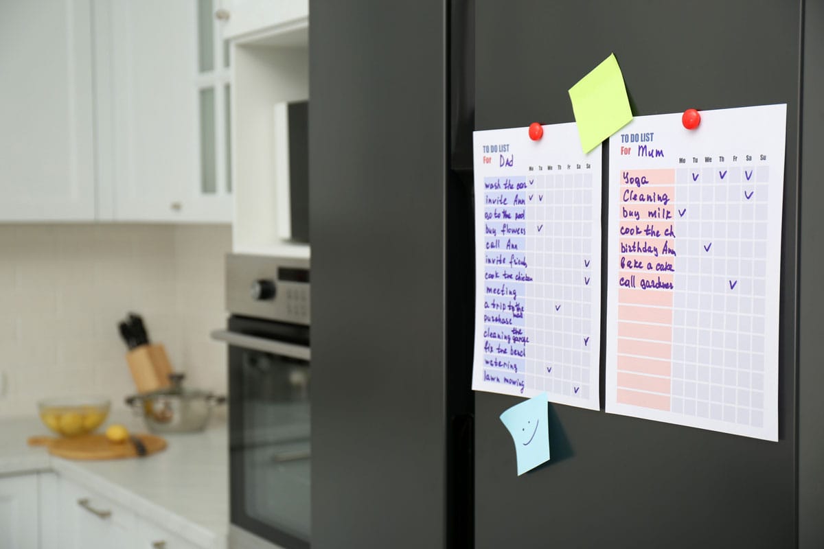 To do lists and sticky notes on fridge in kitchen