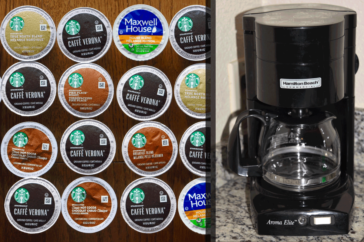 A collaged photo of a Hamilton Beach coffee maker and K-Cups