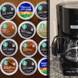 A collaged photo of a Hamilton Beach coffee maker and K-Cups, What Coffee Pods Are Compatible With Hamilton Beach?