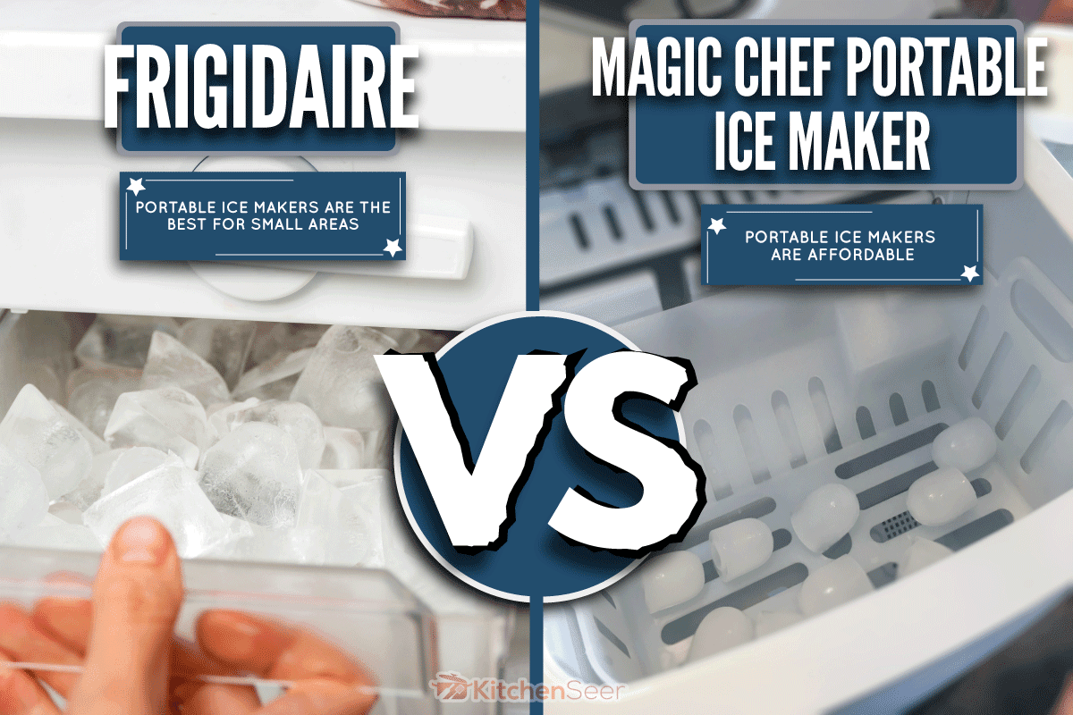Two types of ice maker one on the left is from the fridge and the right one is from a portable ice maker, Frigidaire Vs. Magic Chef Portable Ice Maker: Which To Choose?
