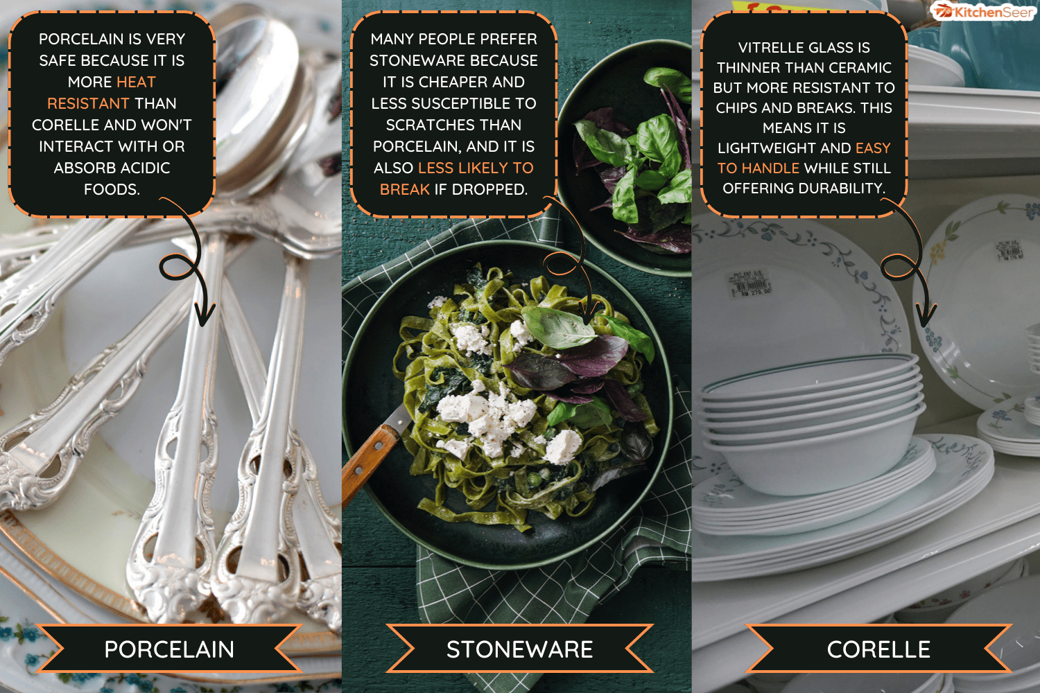 A stack of vintage floral plates with silver teaspoons on a table near lace doilies - Corelle Vs Porcelain Vs Stoneware Differences, Pros, And Cons [Which Is Best For You]