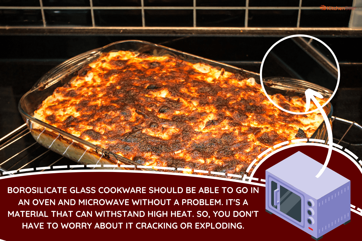 Baked pasta bake with melted cheese in rectangular oven glass plate. - Is Borosilicate Glass Oven & Microwave Safe?