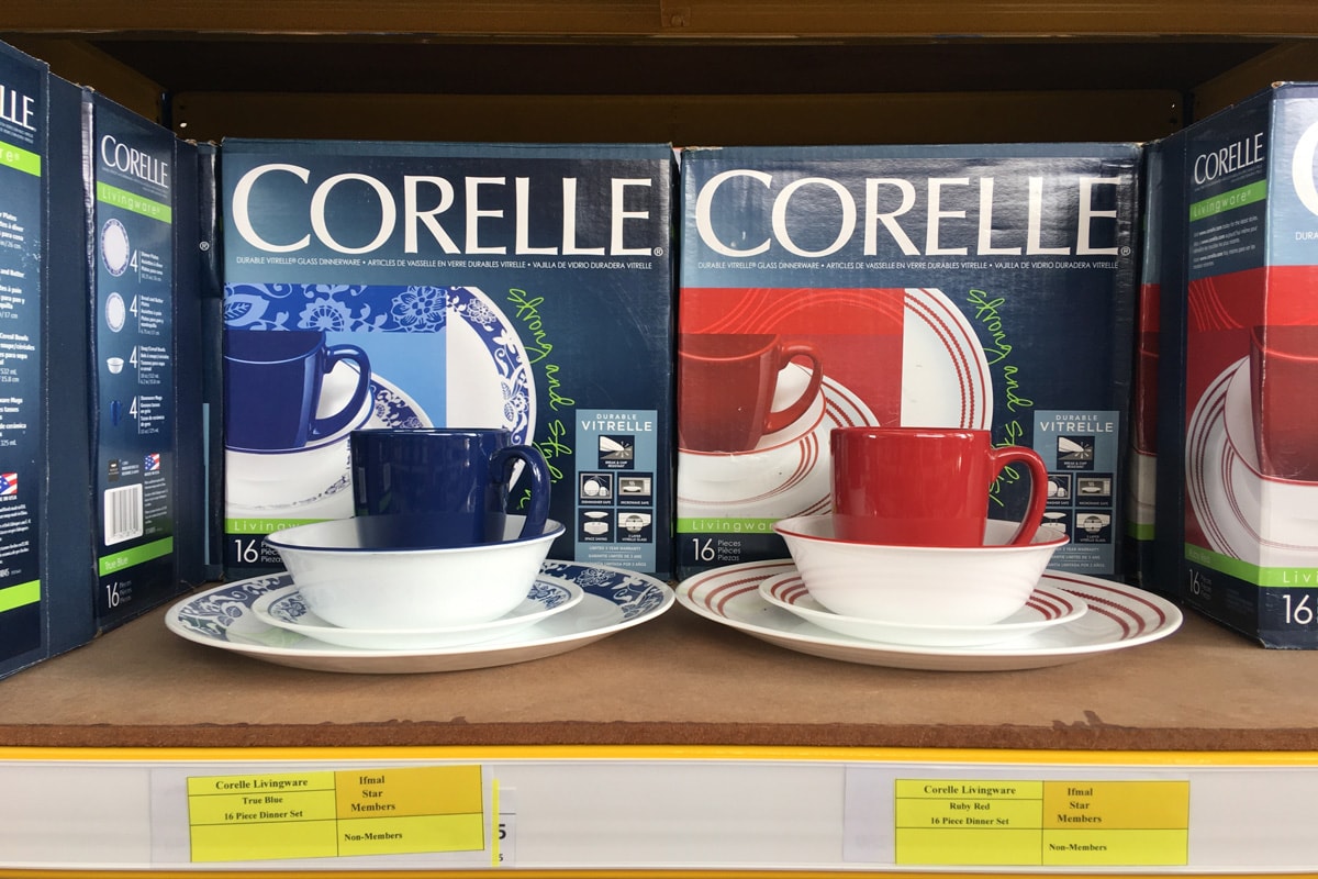 Boxes of displayed Corelle dishes