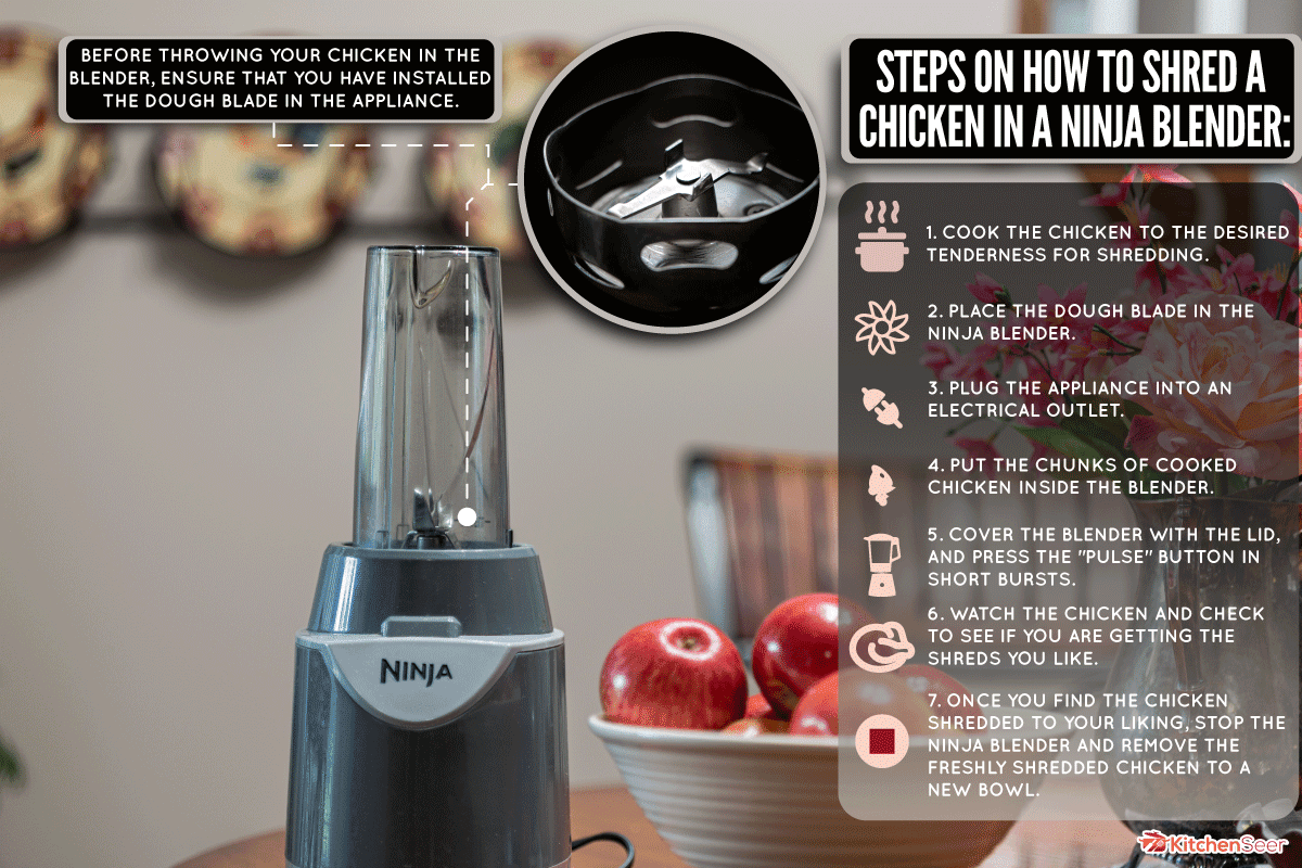 Ninja Juicer with bowl of apples on a table, Can I Shred Chicken In My Ninja Blender? [Yes! Here's How]