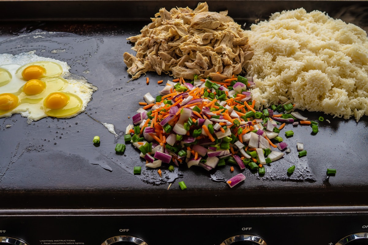 Cooking fried rice and eggs on a blackstone griddle