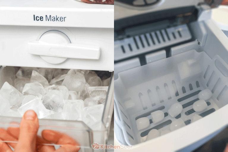 Two types of ice maker one on the left is from the fridge and the right one is from a portable ice maker, Frigidaire Vs. Magic Chef Portable Ice Maker: Which To Choose?