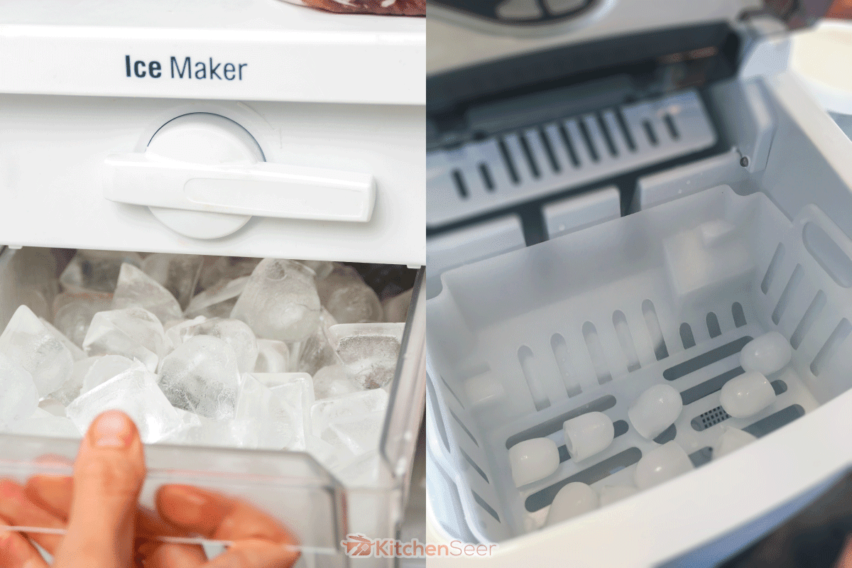 Two types of ice maker one on the left is from the fridge and the right one is from a portable ice maker