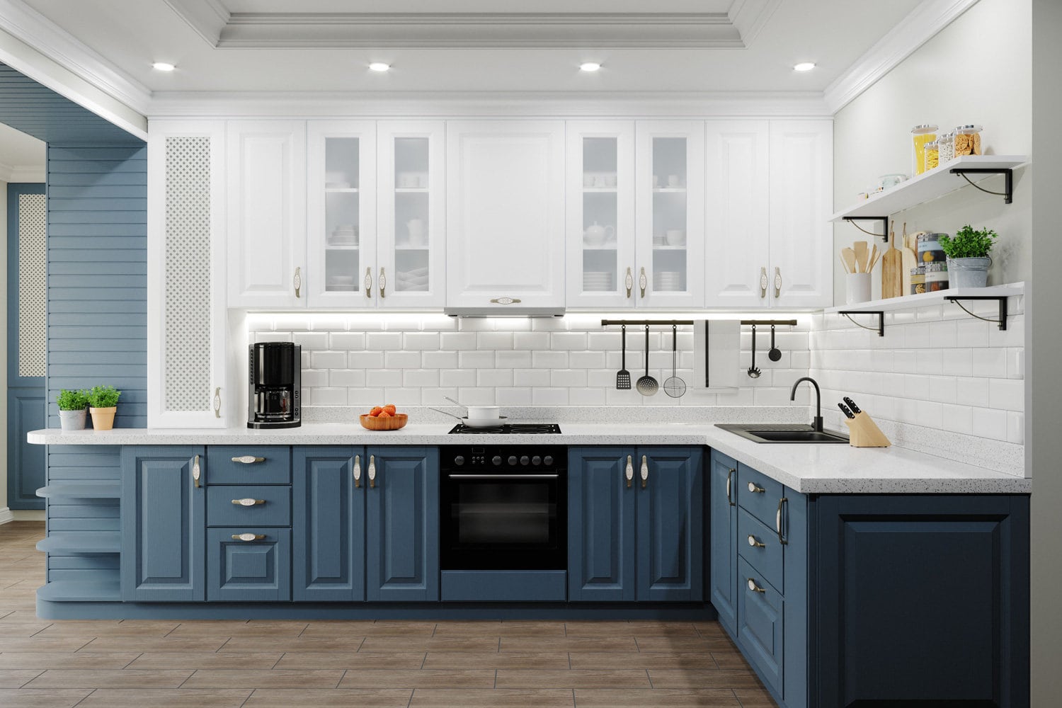 Kitchen in a modern style. Kitchen interior white top, blue bottom. Apron made of tiles for white brick. Corner work area, the kitchen has a coffee maker, dishes.