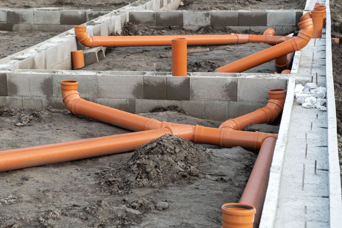 New Installed pipework system. Sewer Line developed and mounted on the construction site. New Orange PVC plastic Drainage pipe Tube