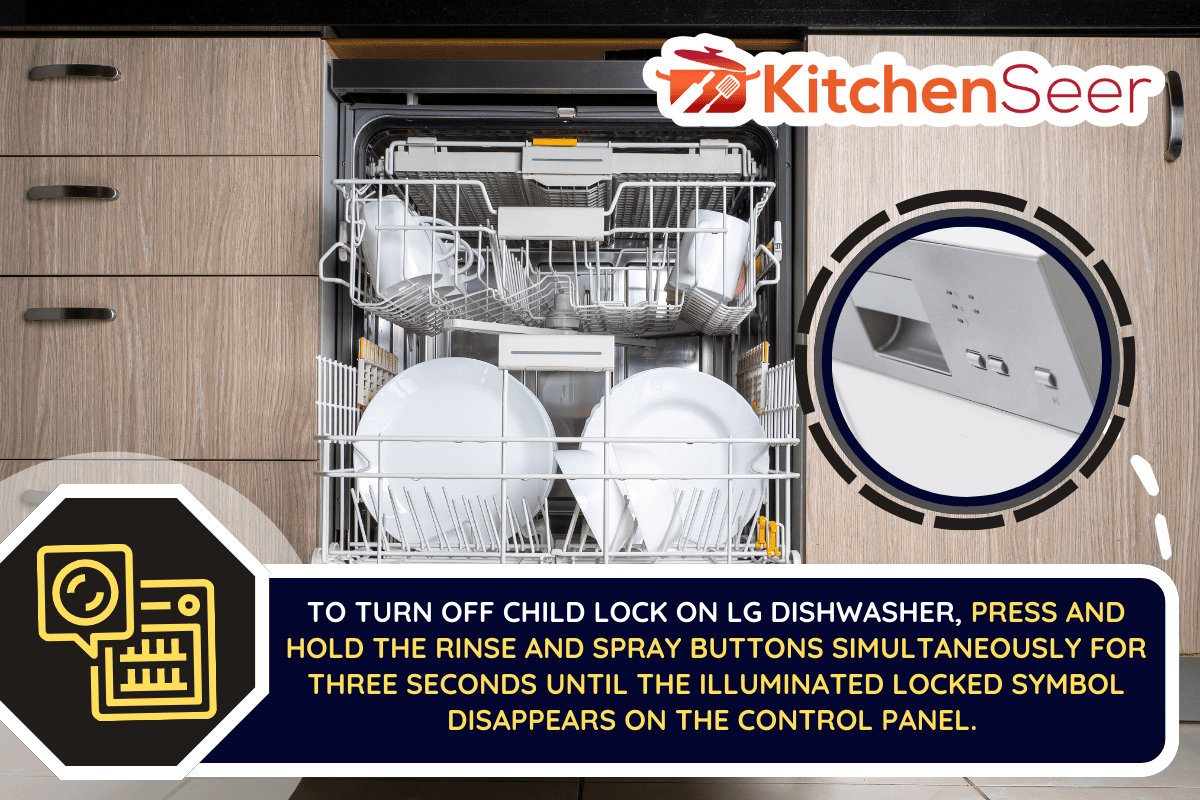 Open door of built-in dishwasher. Kitchen with integrated appliances. Plates and dishes in the dishwasher. - How To Turn Off Child Lock On LG Dishwasher