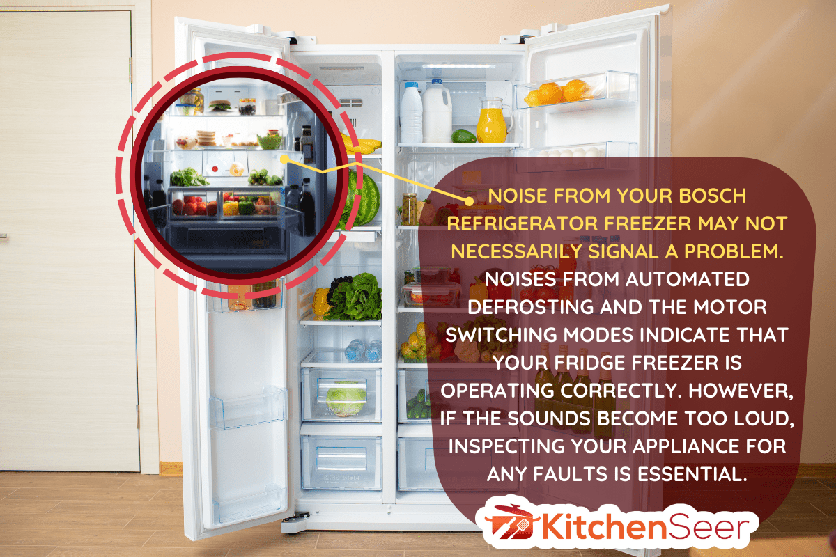 Noise from your Bosch refrigerator freezer may not necessarily signal a problem. Noises from automated defrosting and the motor switching modes indicate that your fridge freezer is operating correctly. However, if the sounds become too loud, inspecting your appliance for any faults is essential.