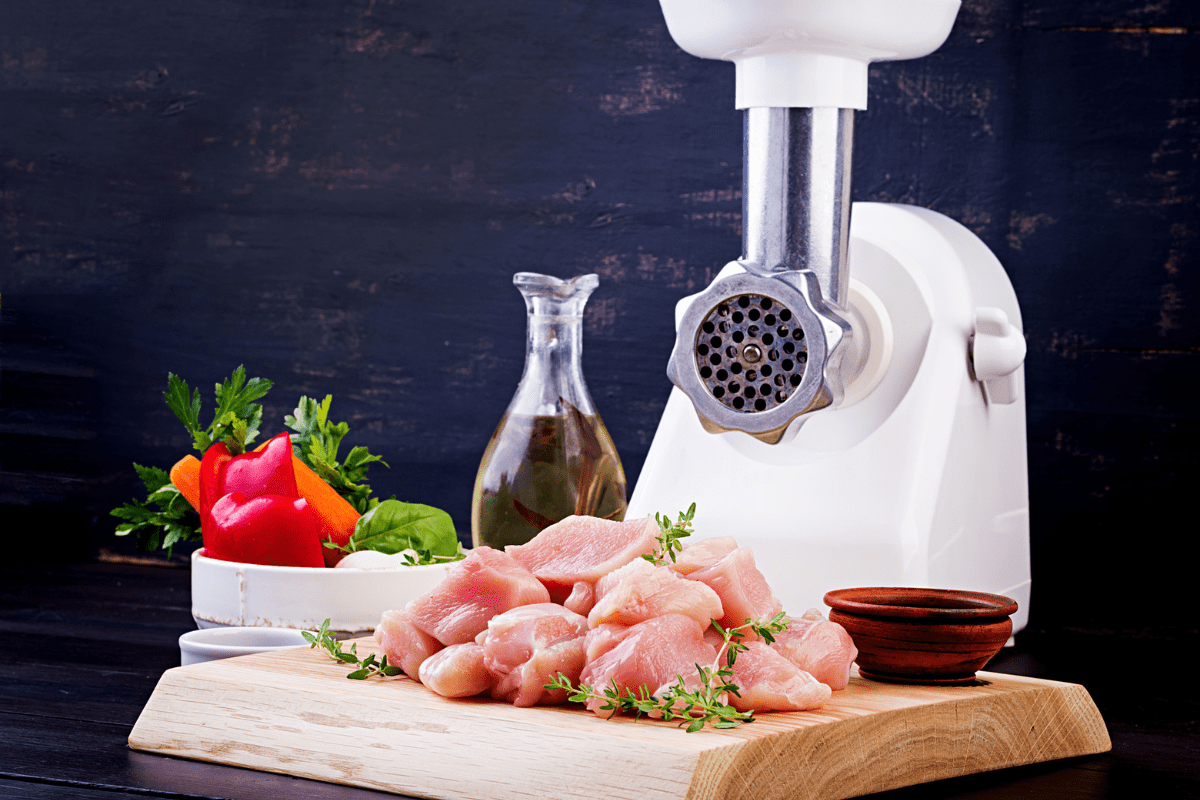 Raw chopped chicken breast fillets on wooden cutting board and meat grinder. Copy space
