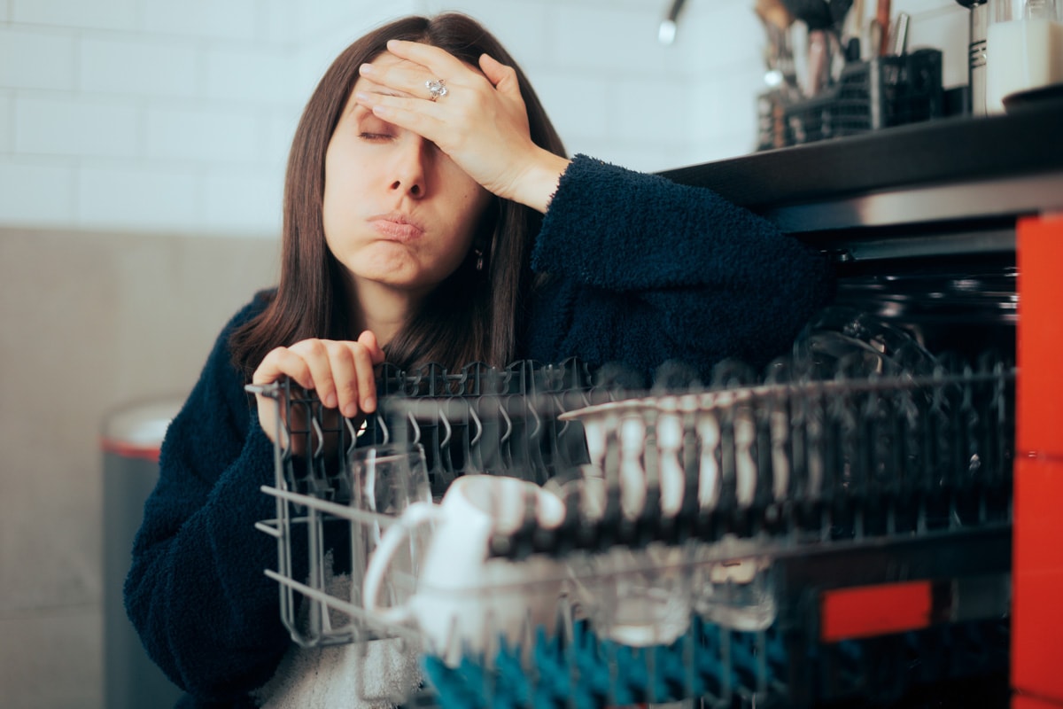 Stressed Unhappy Woman Dealing with Dishwasher Malfunction. 