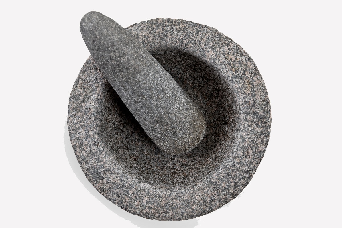 Top view of stone mortar and pestle