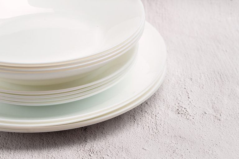 A collage of livingware and white Vitrelle tableware stacked in clear top, Corelle Vitrelle Vs Livingware: What Is The Difference?