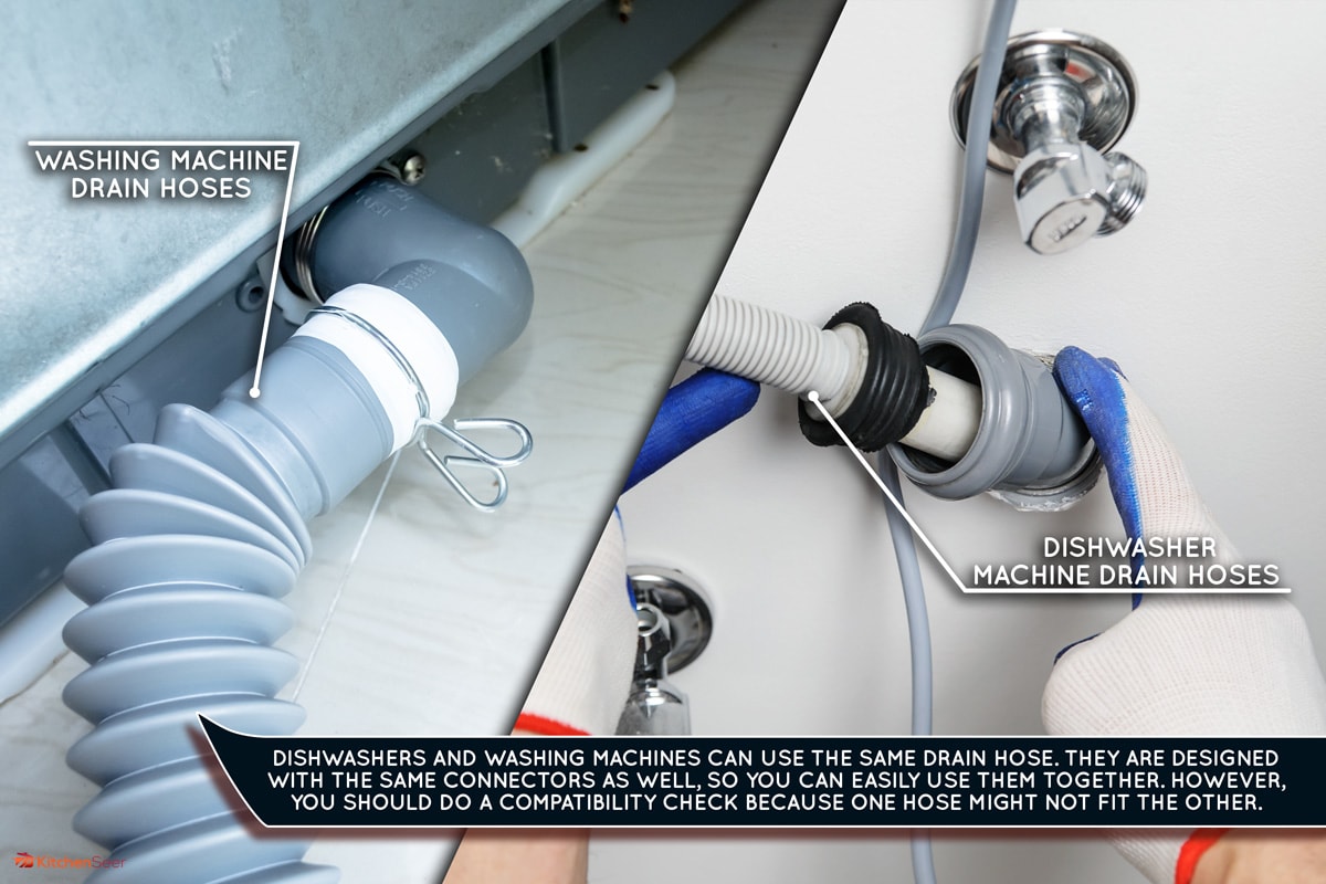a collage of dishwasher and Gray washing machine drain hose, Are Dishwasher And Washing Machine Drain Hoses The Same?