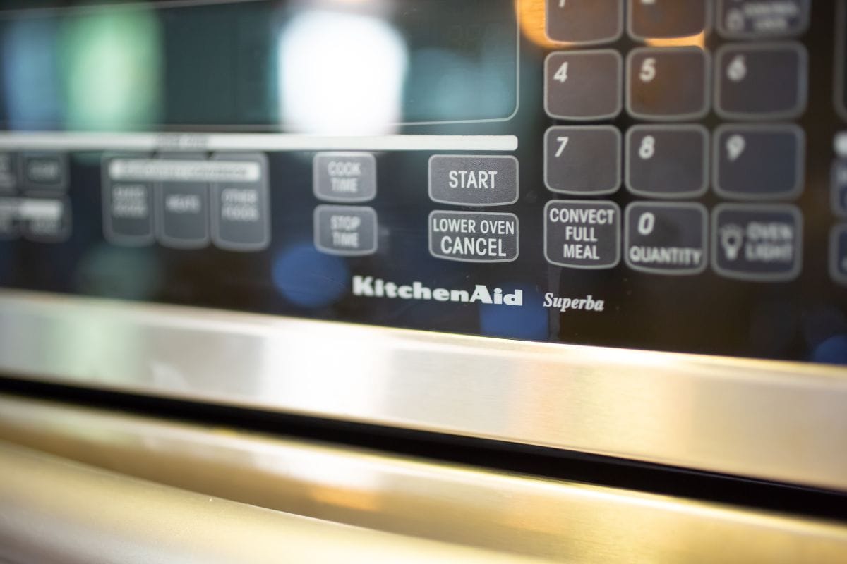 A closeup of a Kitchenaid oven appliance