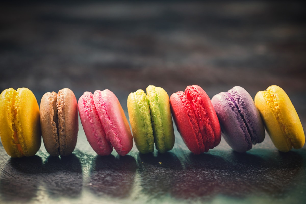 Assorted sweet colorful French macarons with different flavors