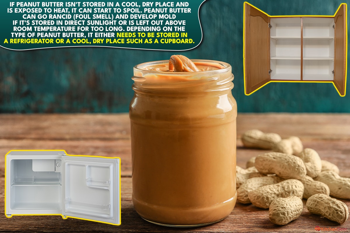 Glass jar with creamy peanut butter on wooden table, Can Peanut Butter Go Bad In Heat? [Yes! Here's How To Tell If It's Spoiled!]