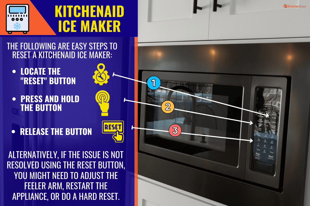 Close up on black side by side stainless steel refrigerator with thick silver handle beside microwave oven in domestic kitchen. -How Do I Reset My KitchenAid Ice Maker? [Quickly & Easily]