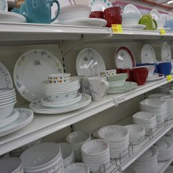 Dinnerware set Corelle brand pots, plates and cups on store shelves - Can Corelle Or Corningware Be Kashered
