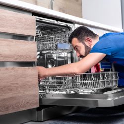 Dishwasher Repairing man worker blue uniform, How To Remove The Top Rack Of A Kitchenaid Dishwasher