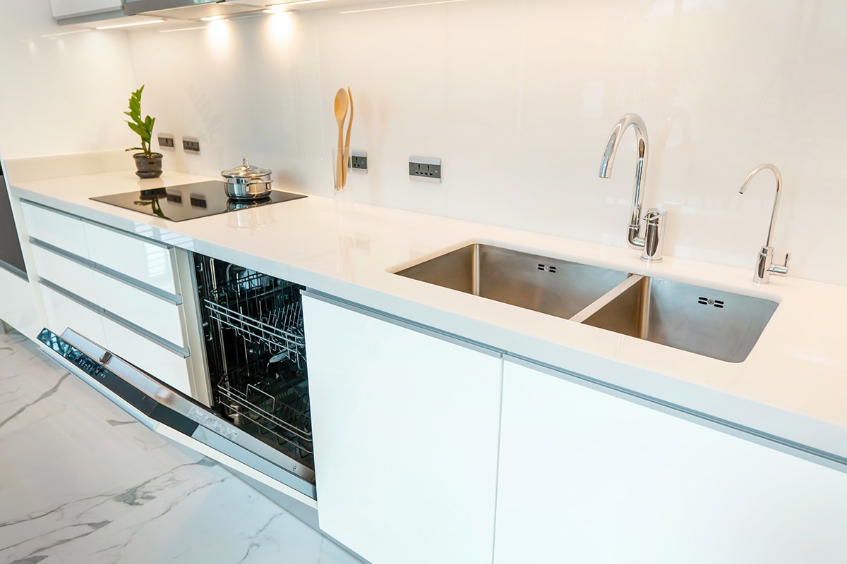 Modern kitchen with empty Built-in dishwasher with opened door