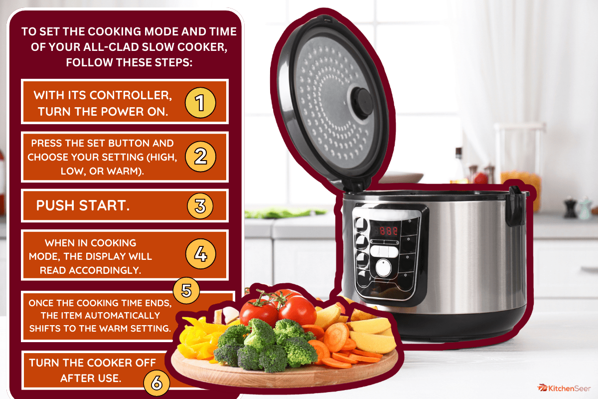 Modern multi cooker and wooden board with vegetables on white table in kitchen. - How To Set All-Clad Slow Cooker [Inc. Timer]