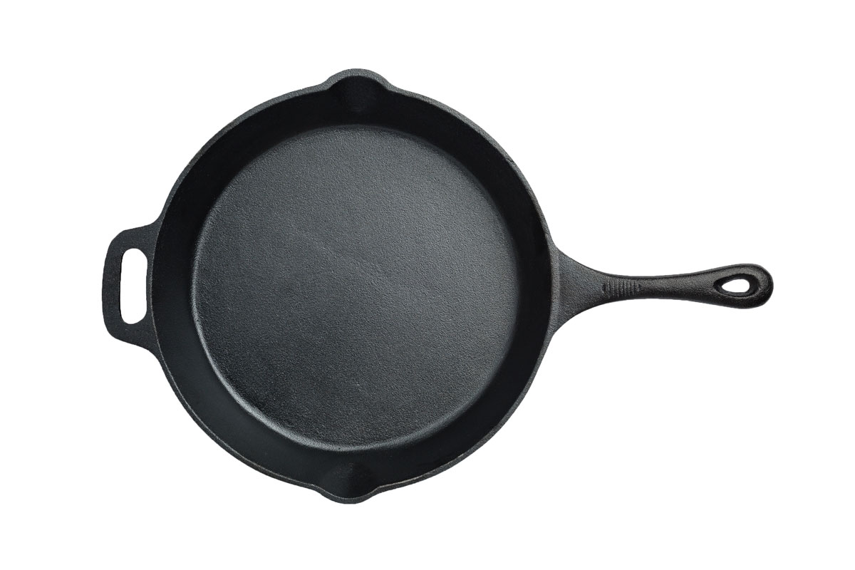 Overhead image of a cast iron fry pan