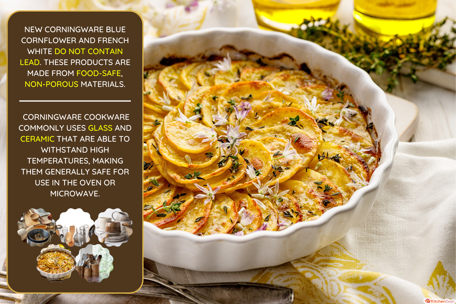 Scalloped potatoes, potato casserole with the addition of herbs and edible chives flowers in a ceramic baking dish - Does Corningware Contain Lead [Inc. Blue Cornflower, Spice Of Life, & French White]