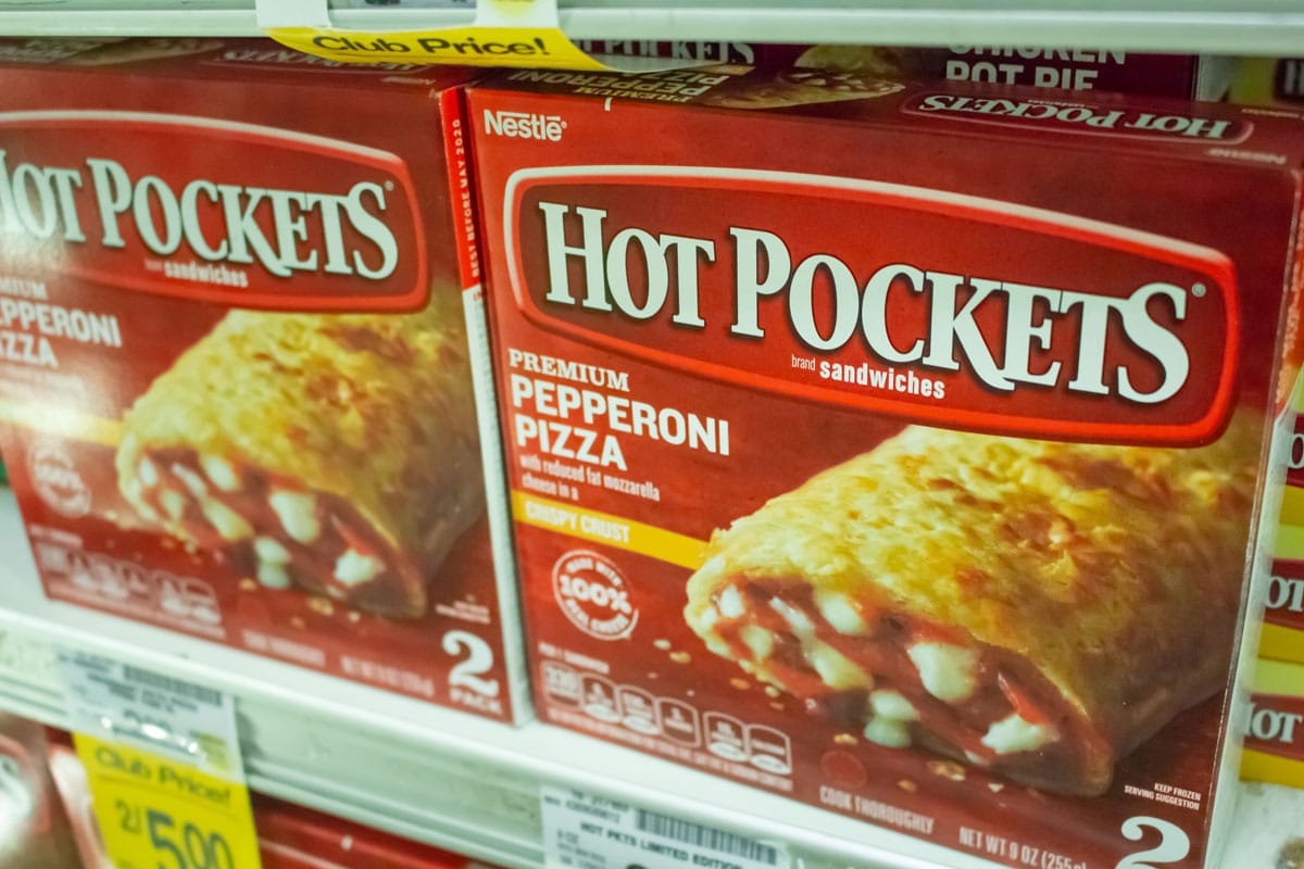 Several Hot Pocket products in the freezer section of the grocery store
