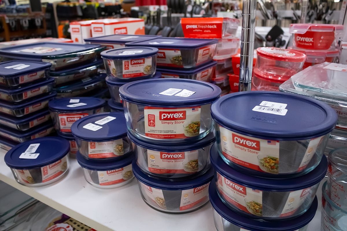 Several Pyrex food storage products on display at a local department store