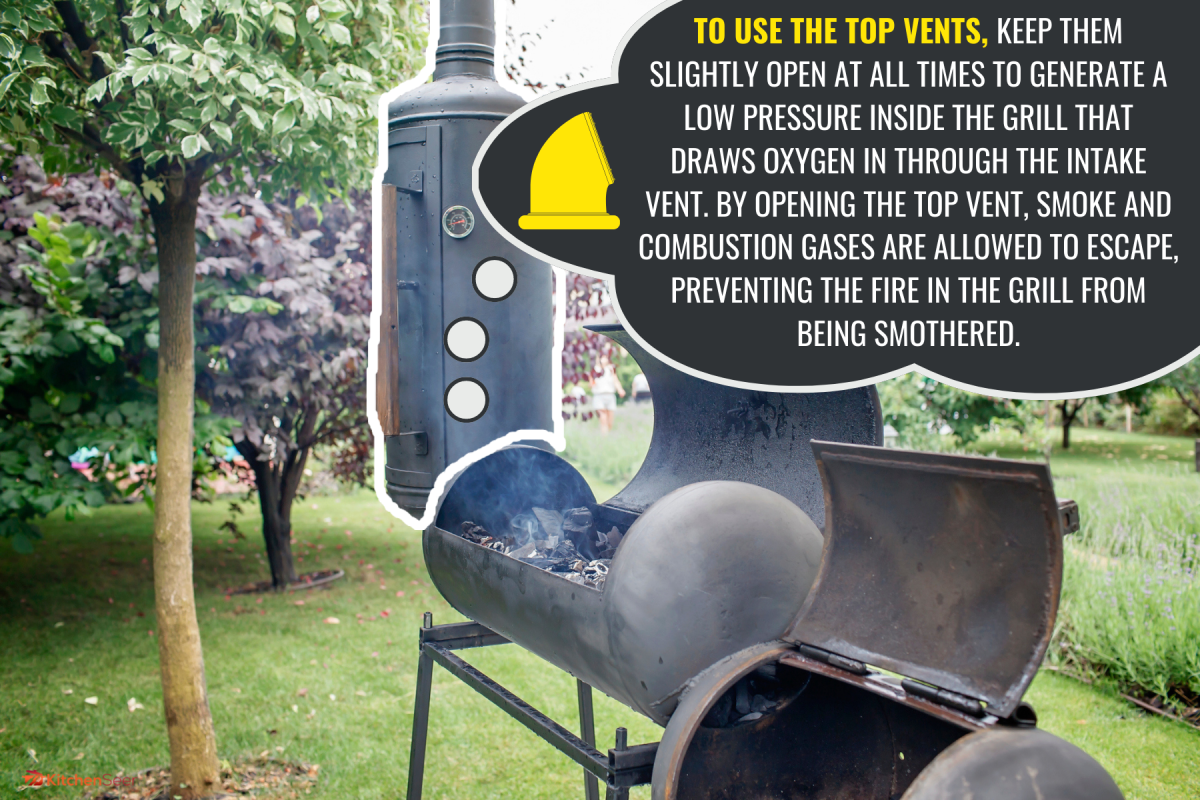 Smoker grill in home backyard, container with coal, smoke coming out of a smokestack, barbecue on green background, family patio, outdoor bbq party on open air - How To Use The Top Vent On A Charcoal Grill