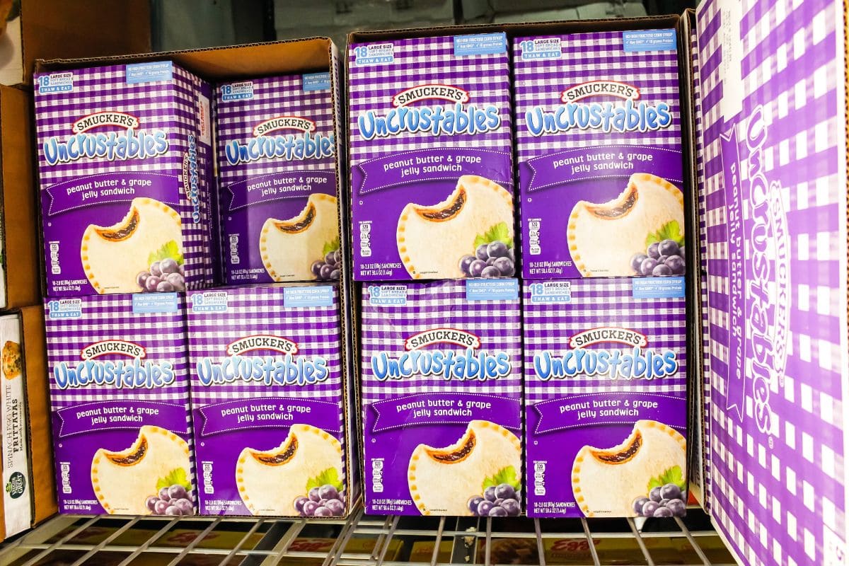  A view of several packages of Smucker's Uncrustables sandwiches on display at a local big box grocery store.